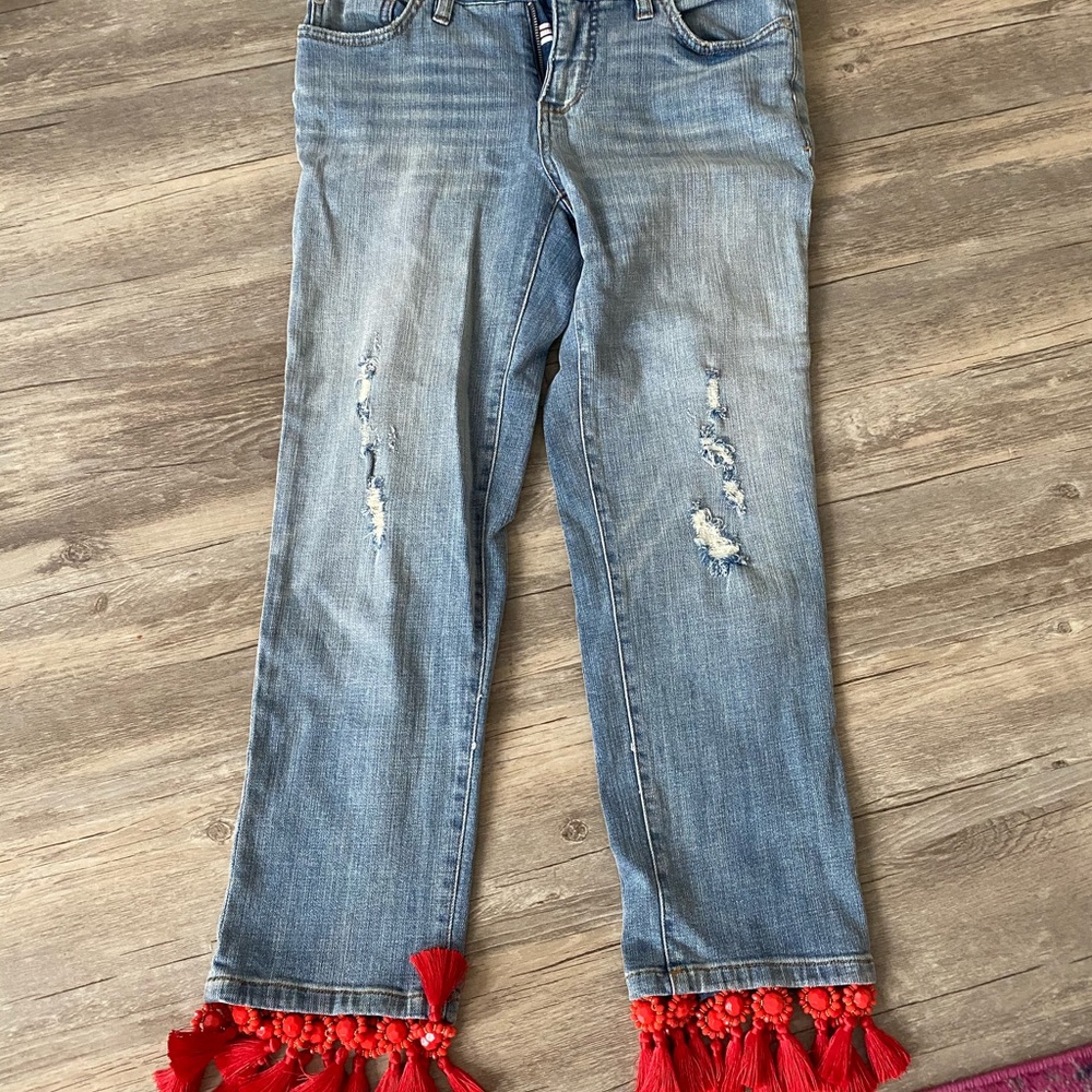 Straight leg jeans with red beading + tassels